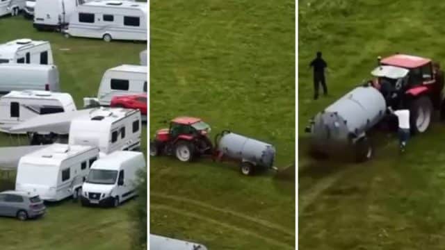 Los agricultores rociendo con purines a las caravanas.